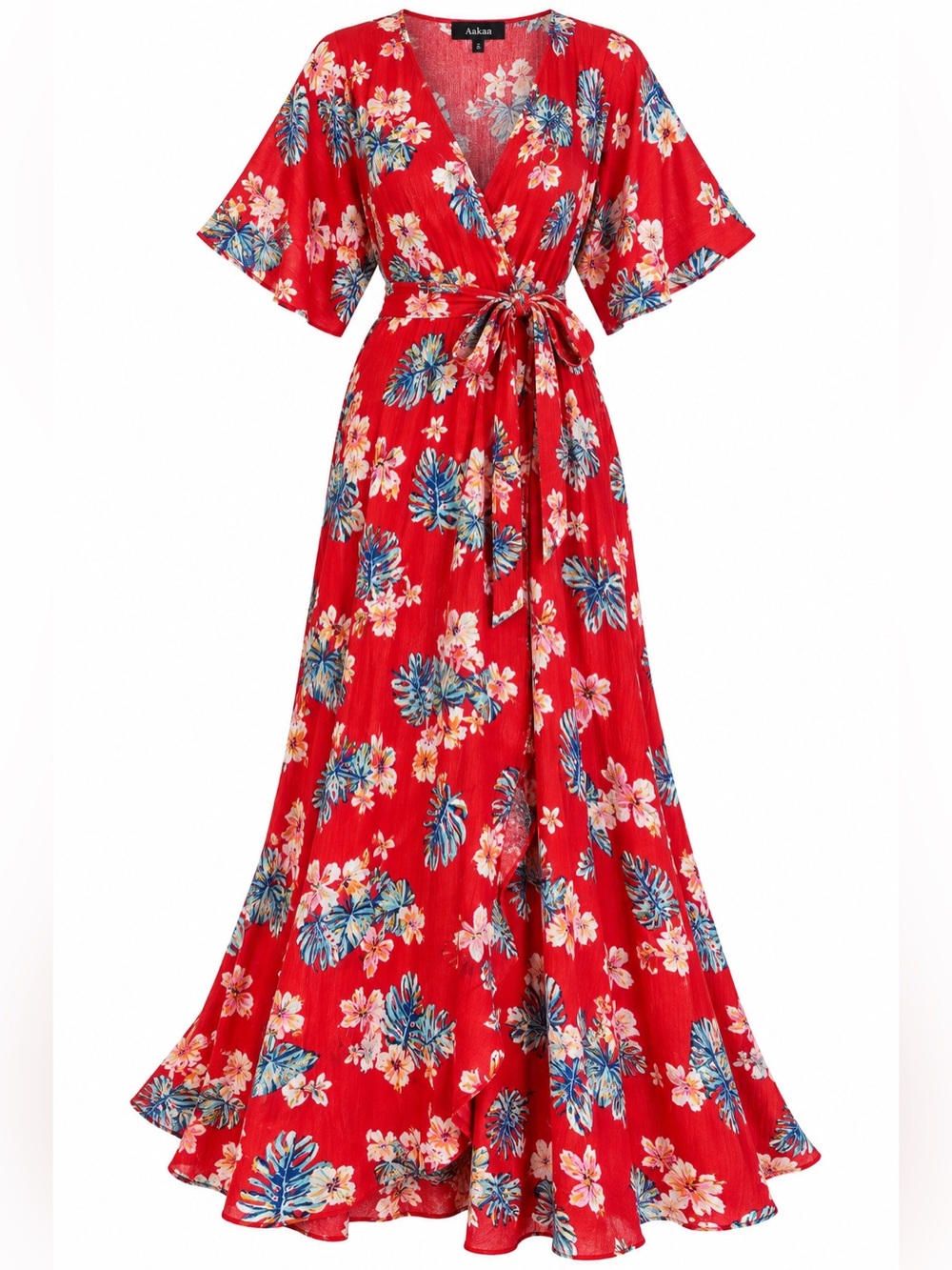 Aakaa Red Tropical Floral Wrap Maxi Dress Size Small NWT Boho Resort Vacation